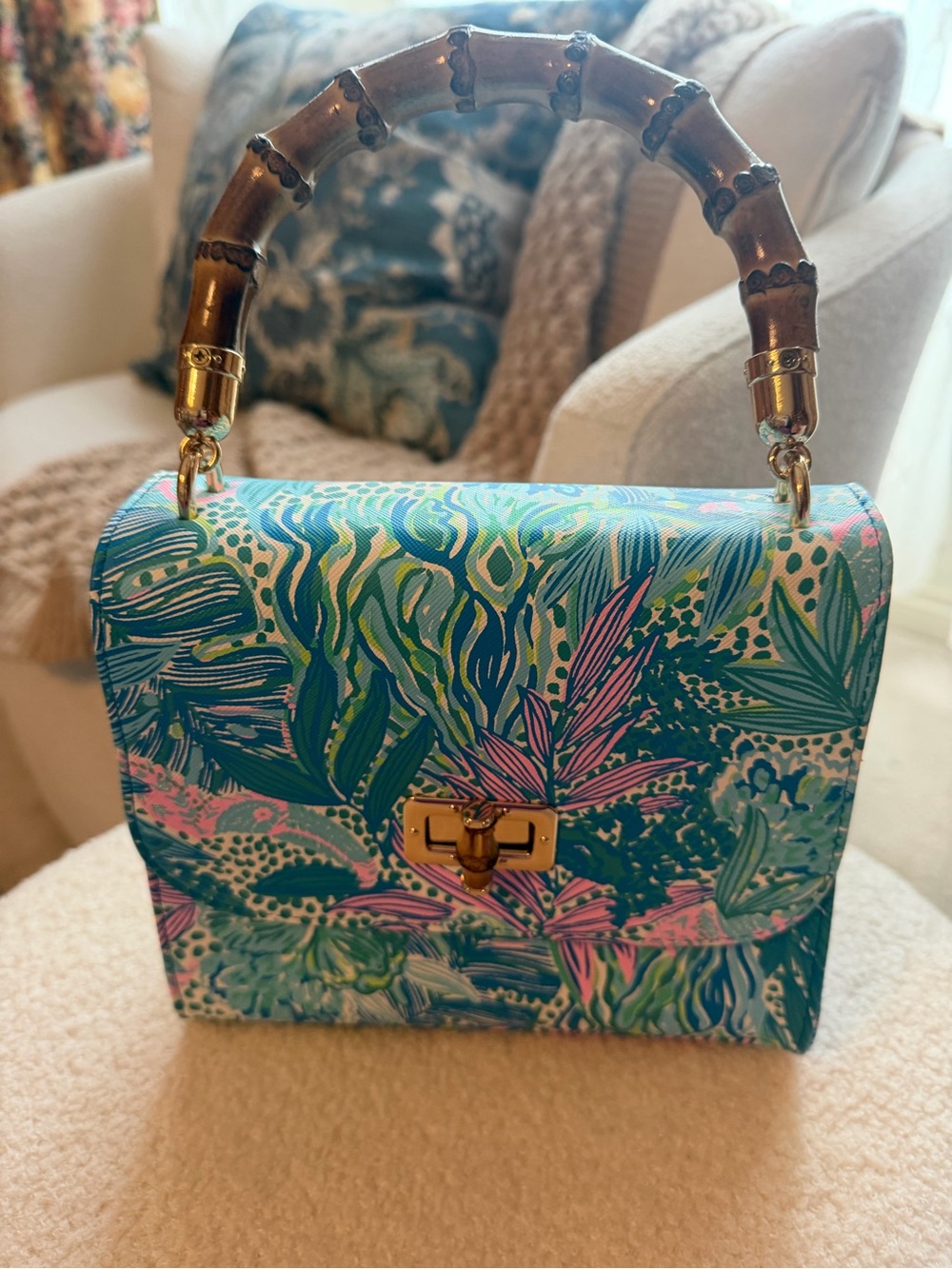 Lilly Pulitzer Bamboo-Handle Top-Handle Bag in Teal, Pink and Green